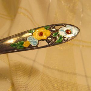 Vintage Cake Lifter with enamel colored flowers. Bright colors Pretty  Spring.